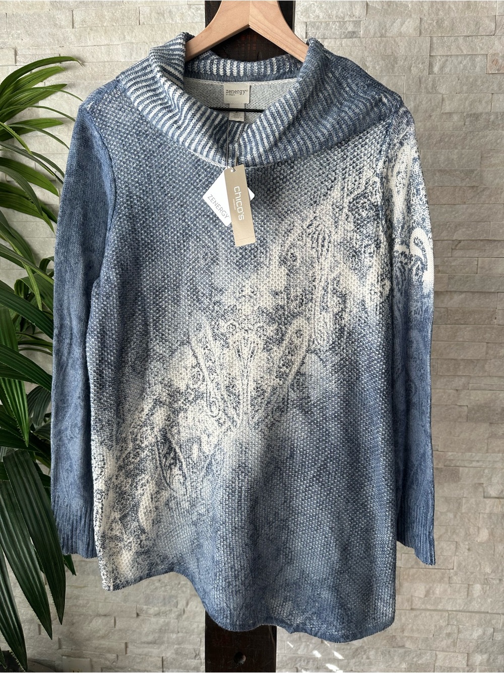 Chico's Blue and Cream Ombre Paisley Knit Tunic Sweater Size L New with Tags